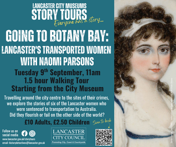 poster with same info as this page and watercolour of a woman with curly dark hair piled on her head and a white muslin regency style dress with blue trim.